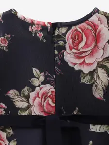 Ahalyaa Girls Navy Blue & Pink Floral Printed A-line Kurta