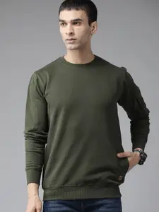 The Roadster Lifestyle Co Men Olive Green Solid Sweatshirt
