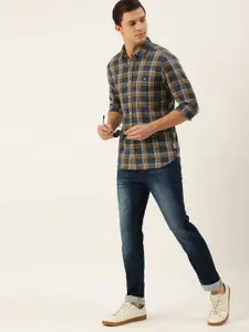 Flying Machine Men Grey & Yellow Slim Fit Checked Casual Shirt
