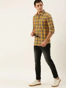 Flying Machine Men Mustard Yellow & Blue Slim Fit Checked Casual Shirt