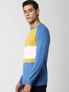 Peter England Casuals Men Blue & Yellow Pure Cotton Striped Pullover