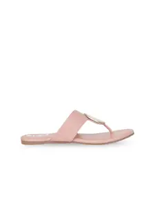 Zyla Women Peach-Coloured & Gold-Toned Textured T-Strap Flats