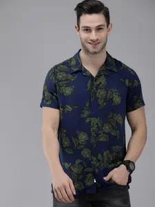 THE BEAR HOUSE Men Navy Blue & Green Slim Fit Floral Printed Casual Shirt
