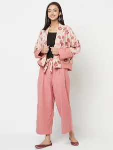 Fabindia Women Cream-Coloured & Pink Printed Shrug