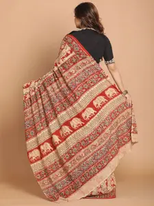 Indethnic Red & Beige Kalamkari Pure Cotton Block Print Saree