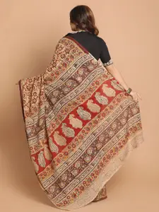 Indethnic Maroon & Beige Kalamkari Pure Cotton Block Print Saree