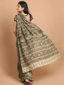 Indethnic Olive Green & Blue Kalamkari Printed Pure Cotton Block Print Saree