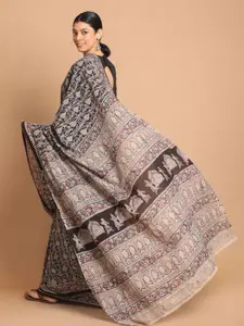 Indethnic Black & Red Kalamkari Pure Cotton Block Print Saree