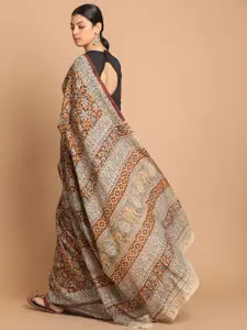 Indethnic Red & Beige Kalamkari Pure Cotton Block Print Saree
