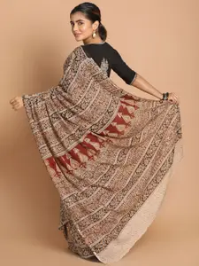 Indethnic Red & Beige Kalamkari Mulmul Cotton Block Print Saree