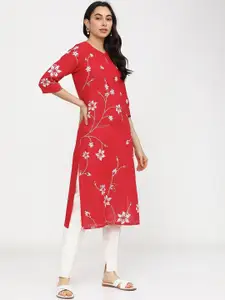 Vishudh Women Red & White Printed Keyhole Neck Cotton Kurta