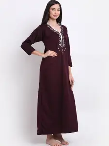 Secret Wish Maroon Embroidered Maxi Nightdress