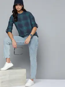 Harvard Women Teal Green & Navy Blue Pure Cotton Buffalo Checks Casual Shirt