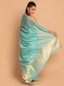 Indethnic Blue & Gold-Toned Woven Design Silk Cotton Chanderi Saree