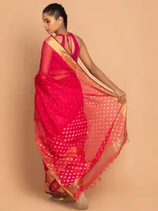 Indethnic Magenta & Gold Zari Silk Cotton Chanderi Saree