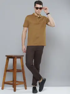 Indian Terrain Men Khaki Self-Checked Polo Collar Pure Cotton T-shirt