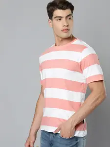 Indian Terrain Men Peach-Coloured & White Pure Cotton Striped T-shirt