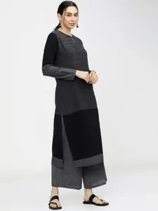 Vishudh Women Charcoal & Black Striped Keyhole Neck Kurta