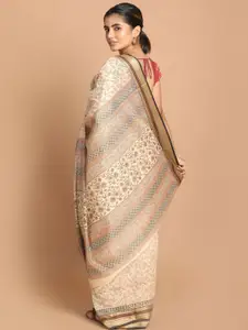 Indethnic Black & Cream-Coloured Floral Printed Pure Cotton Saree