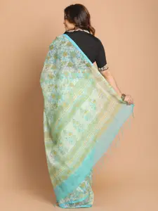 Indethnic Blue & Green Floral Printed Supernet Saree