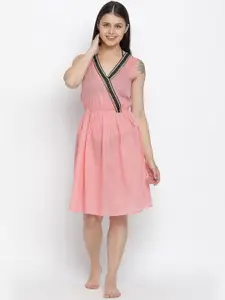 Oxolloxo Women Coral Pink Coloured Cotton Beach Dress