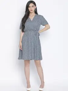 Oxolloxo Blue Checked Crepe Dress