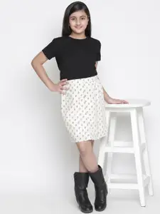 Oxolloxo Girls Beige & Black Floral Printed A-Line Midi-Length Skirt