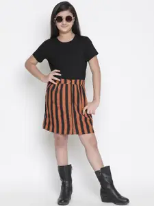 Oxolloxo Girls Brown & Black Printed Midi A-Line Skirt