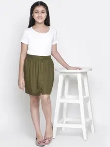 Oxolloxo Girls Khaki-Coloured Solid Midi A-Line Skirt