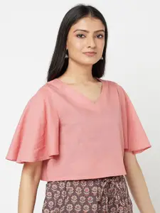 Fabindia Peach-Coloured Flared Sleeve Crop Top