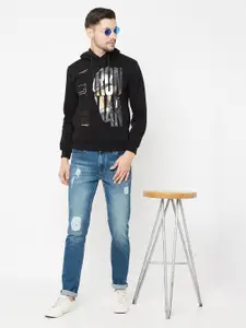 Octave Men Black & White Printed Hooded Sweatshirt