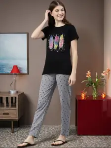 Kryptic Women Black & Grey Printed Pure Cotton Night suit
