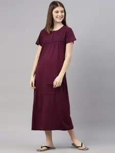 Kryptic Burgundy Printed Pure Cotton Maxi Nightdress
