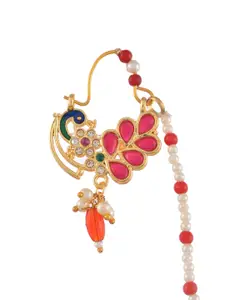 Silvermerc Designs Gold-Plated White & Red Stone-Studded & Beaded Nose Ring