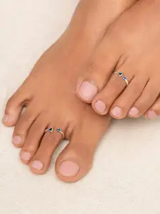 SHAYA Set Of 2 Silver-Toned & Blue Synthetic Spinel-Studded Adjustable Ethnic Toe Rings