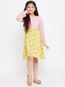 Stylo Bug Pink & Yellow Colourblocked Crepe A-Line Dress