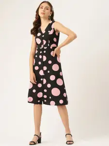 DressBerry Women Black & Pink Polka Dots Printed A-Line Midi Dress