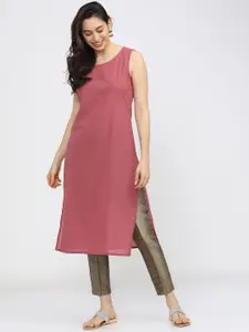 Vishudh Women Pink Geometric Yoke Design Keyhole Neck Kurta