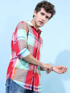 HIGHLANDER Men Turquoise Blue Slim Fit Tartan Checks Opaque Checked Casual Shirt