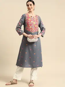 Anouk Women Grey & Red Floral Printed Straight Kurta