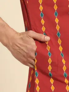 Anouk Men Red & Yellow Printed Pure Cotton Mandarian Collar Kurta with Salwar