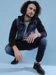 Campus Sutra Men Navy Blue Black Washed Lightweight Denim Jacket