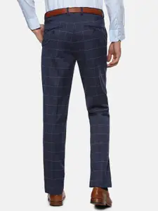 Louis Philippe Men Navy Blue Checked Slim Fit Formal Trousers