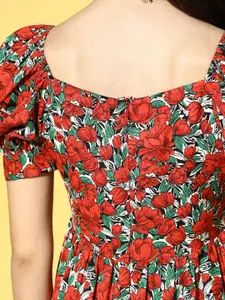 Berrylush Women Gorgeous Red Floral Puff Sleeves Dress