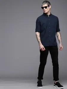 WROGN Men Navy Blue Solid Slim Fit Pure Cotton Casual Shirt