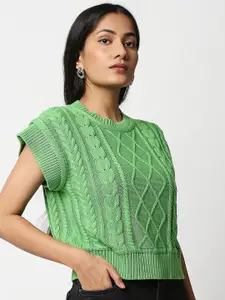 20Dresses Women Green Self Design Pure Cotton Crop Pullover Sweater