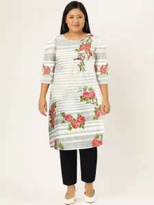 Anouk X Off The Grid Women Grey & White Pure Cotton Floral Printed Kurta