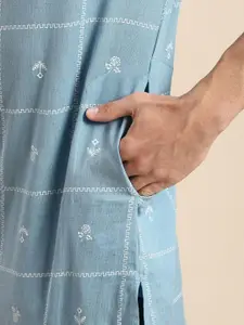 Anouk Men Sky Blue Checked And Printed Straight Kurta