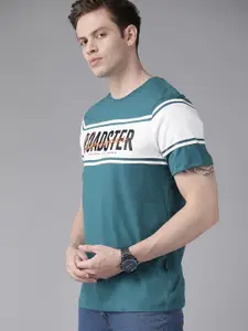 Roadster Men Teal Blue & White Brand Logo Printed Pure Cotton T-shirt
