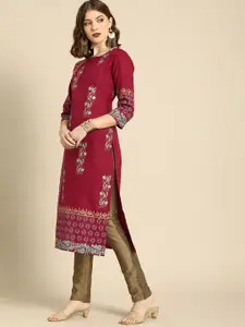 Anouk Women Maroon Ethnic Motifs Printed Boat Neck Cotton Linen Straight Kurta